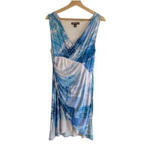 Tommy Bahama Women's L Faux Wrap VNeck Dress Blue White Ruched Sundress